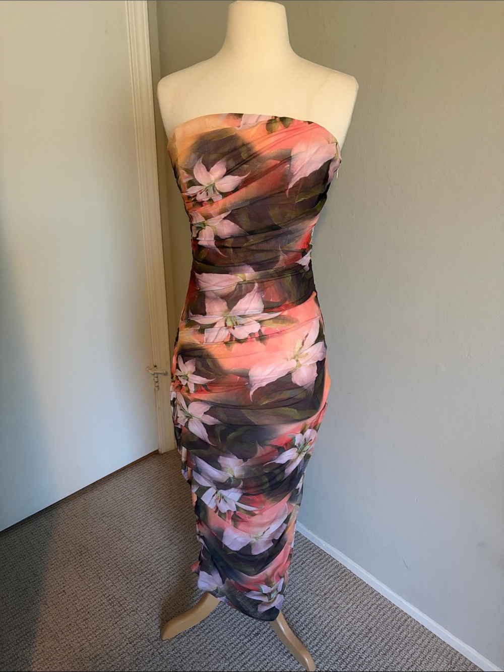 Vici Strapless Floral Ruched Midi Dress in Pink and Green